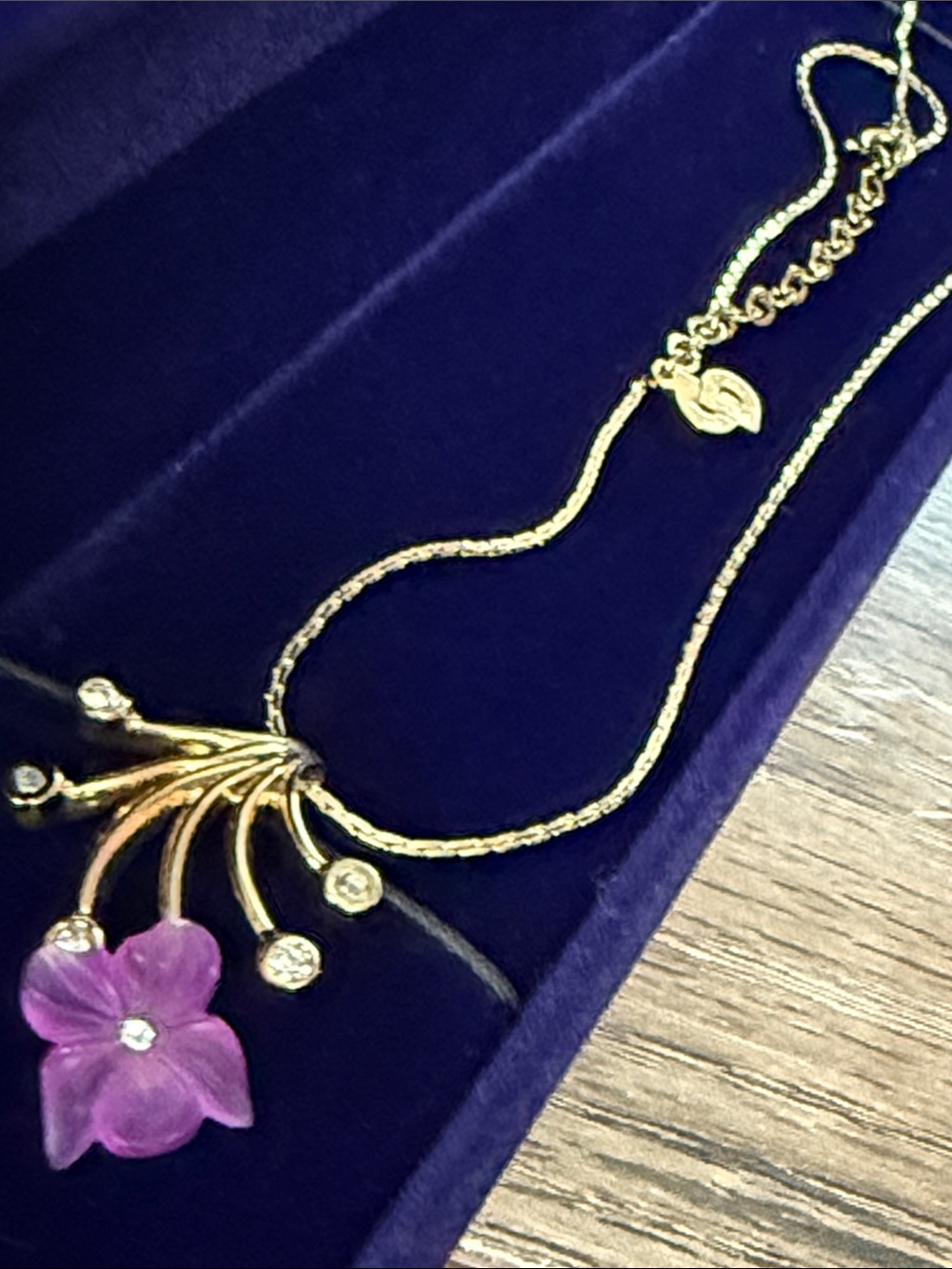S Dior Gold-Tone Necklace with Purple Flower and Crystal Accents 16.5"